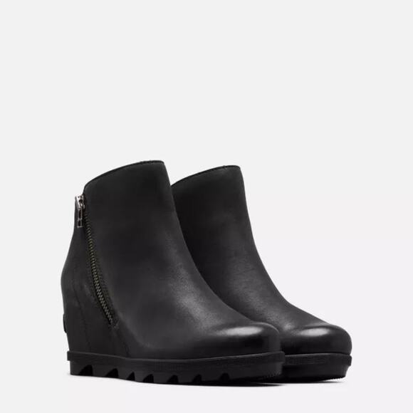 Sorel Joan Of Arctic Wedge Side Zip Black Leather Booties Size 5.5 - Picture 1 of 8